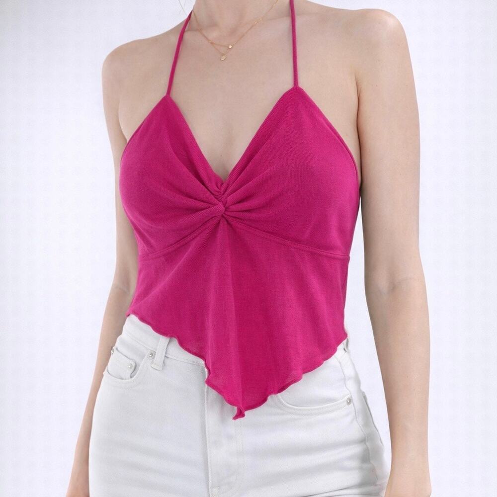 Women’s Fuchsia Halter Neck Ruched Front Crop Top with Handkerchief Hem Size XS
